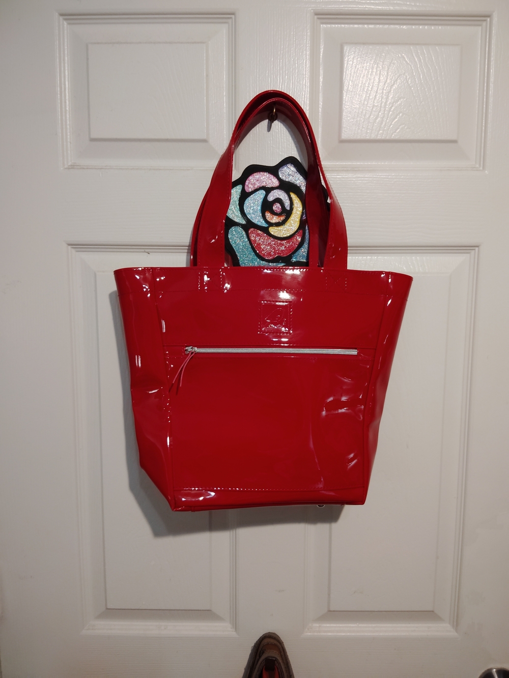 Glossy Red Patent Tote with Front Zip Pocket